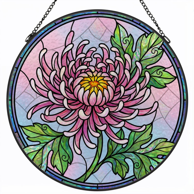Vitrail de fenêtre en verre coloré 7,8 po H Chrysanthemum, 7.8" H x 7.8" W