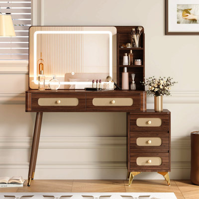 Coiffeuse de 47 po avec miroir et lumières, bureau de maquillage avec 5 tiroirs et tablette de rangement, conception de tiroir en rotin, 3 modes de couleur et coiffeuse à luminosité réglable
