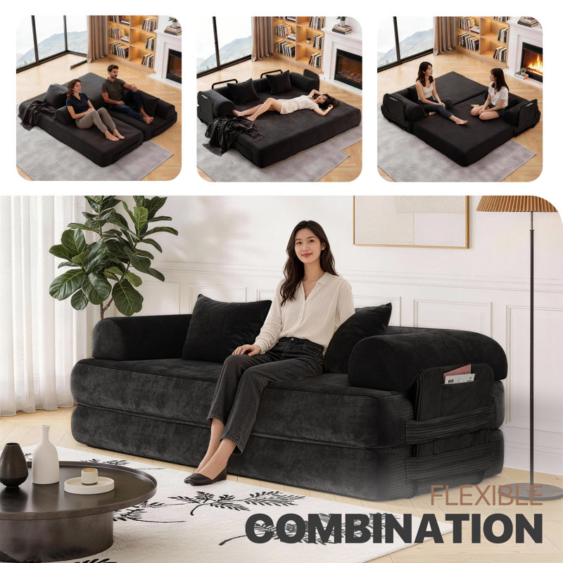 80" Corduroy Convertible Sofa Bed, Upholstered Sleeper Sofa With Pillows & Storage Pockets For Living Room, Black