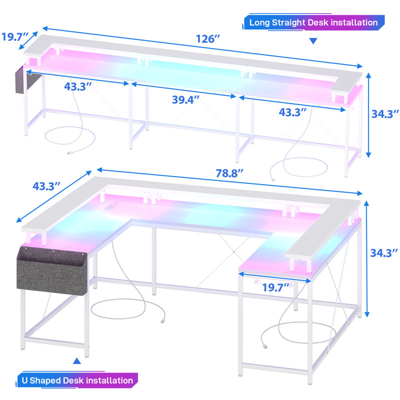 U Shaped Desk, Gaming Desk With Monitor Stand And LED Lights, Reversible Shaped Large Computer Desk With Power Outlets, Office Desk With Storage Bag And Hooks