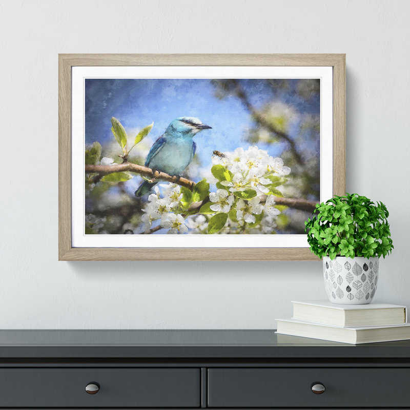 Blue Bird & Cherry Blossom Tree Painting - Single Picture Frame Print on MDF, 24cm H x 33cm W x 2cm D, Oak