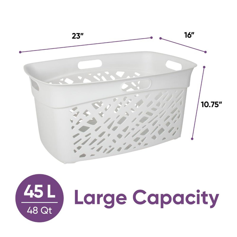  Non-Breakable Mosaic Laundry Basket, 45L - Misty White, Decorative Storage, Vented Design, Made In France, Modern Home Organizer