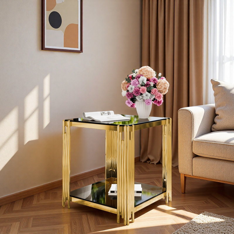 Table de bout moderne carrée avec plateau en verre trempé, tablette inférieure et structure asymétrique en métal, Noir