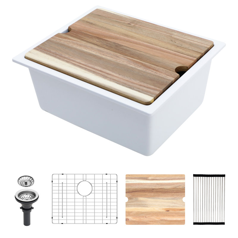 Évier de cuisine blanc en granite de quartz blanc de 21 po x 18 po pour cuisine, style encastré, lisse et sans saleté, utilisation avec support, crépines, grille, guide d'installation pour évier de cuisine, haut