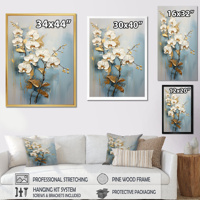 Orchidées beiges et dorées sur toile, Cadre simple noir, H 40 po x l 30 po x P 1,5 po