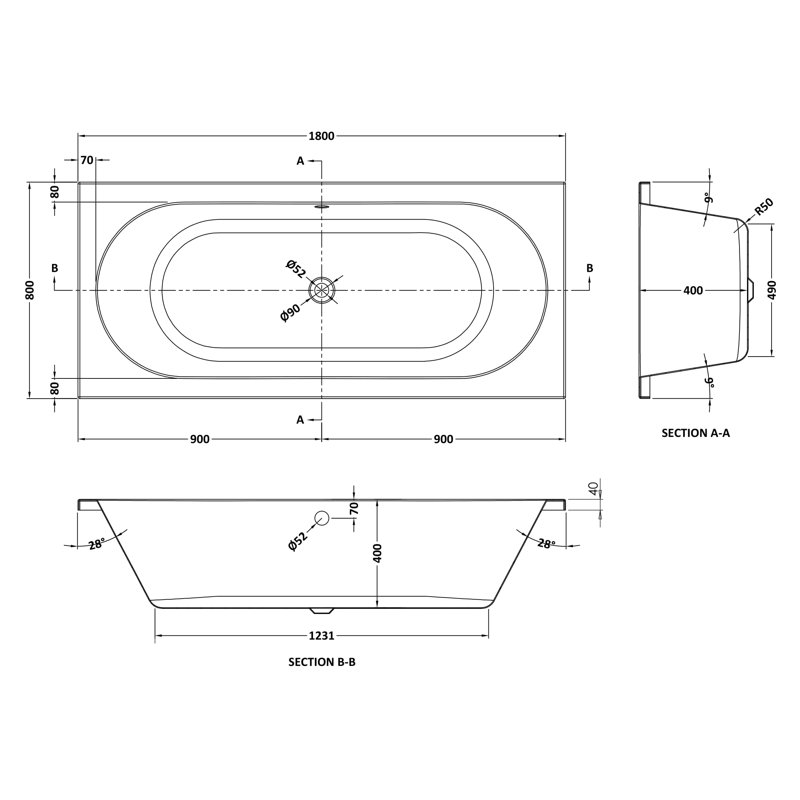 Otley x Soaking Acrylic Bathtub, 180cm x 80cm