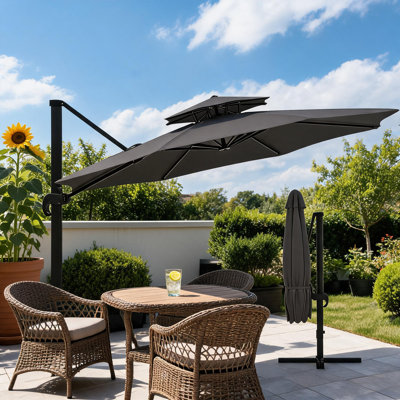 Parasol de porte-à-faux rond en porte-à-faux 10 pi x 10 pi avec base remplissable et moulée par soufflage, rotation à 360 ° et hauteur réglable à 3 niveaux, parasol d'extérieur imperméable robuste en aluminium pour jardin près de la piscine