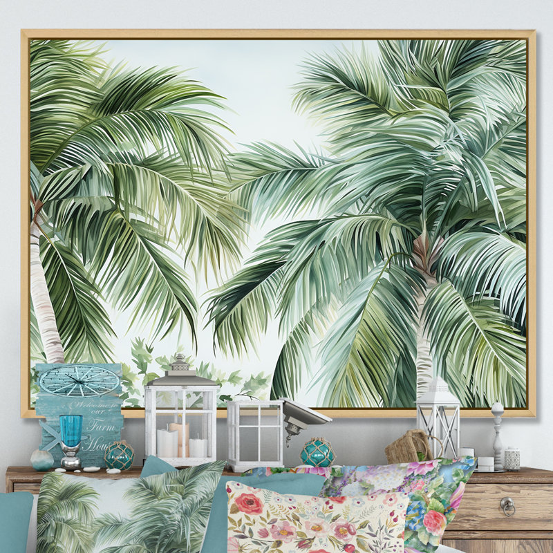 Palmiers sur la plage, impression sur toile, Cadre naturel flottant, H 34 po x l 44 po x P 1,5 po