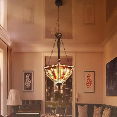 Tiffany Pendant Light Fixtures, 21.6" Wide Large Stained Glass Inverted Ceiling Pendant for Dining Room, Antique Style 5 Lights Hanging Lamp for Living Room Lobby Stairway