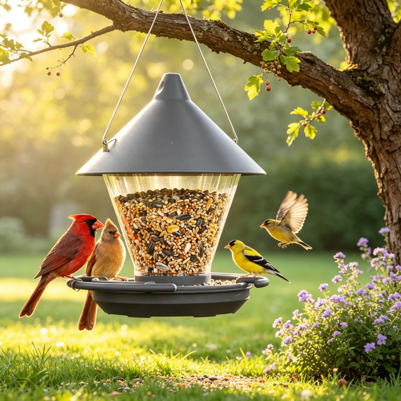Mangeoire pour oiseaux sauvages à suspendre à l'extérieur avec perchoir circulaire, alimentation à 360 degrés, plateau anti-déversement, mangeoire à mésanges cardinal, gris