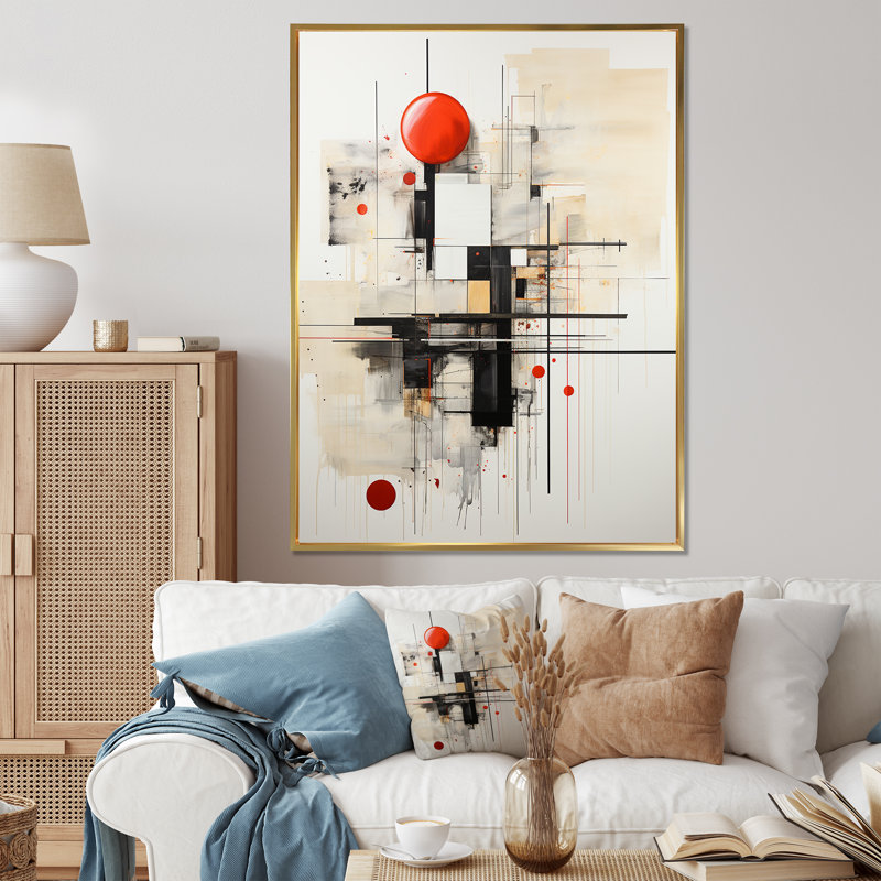 Fher gris rouge minimalisme harmonie de lignes sur toile, H 40 po x l 30 po x P 1,5 po, Cadre flottant doré