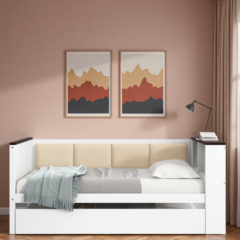 Wood Daybed With Storage Shelves, Upholstered Backrest And Usb, Twin