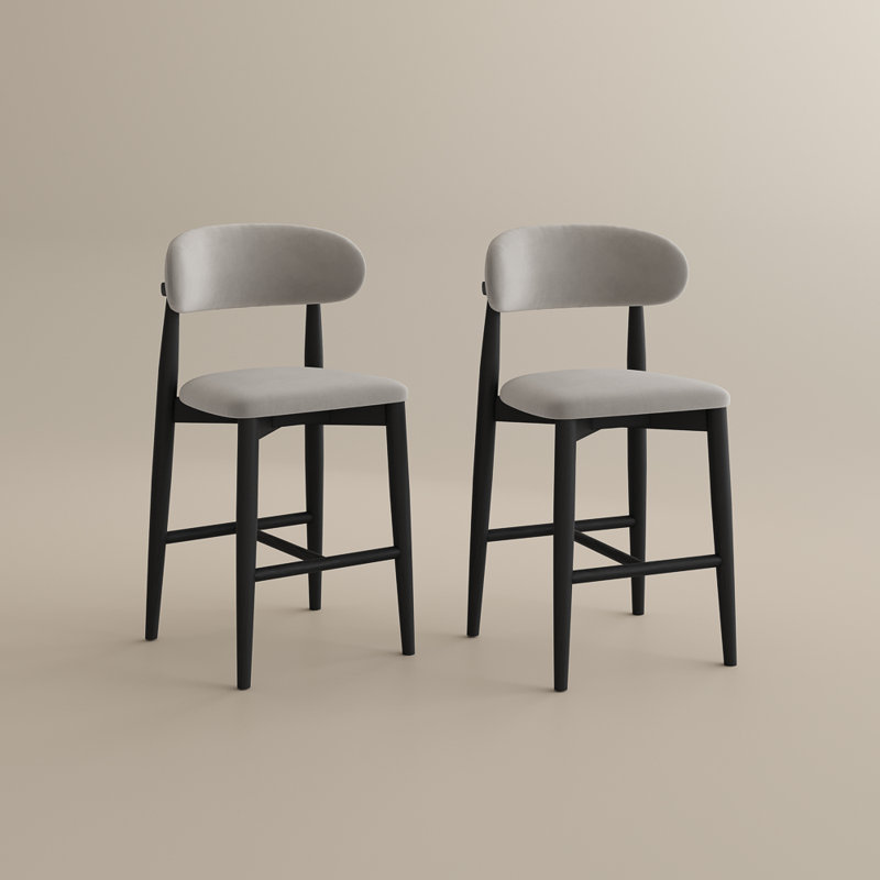 24'' Mid-Century Modern Wood Counter Height Bar Stools Set Of 2, Cotton Linen Counter Stools, Beige Bar Stools, Assembled Bar Stools, Black