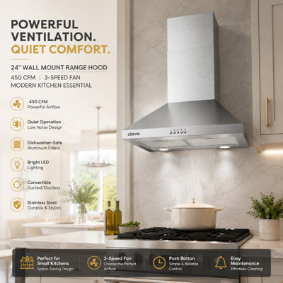 CIARRA 24" Wall Mount Range Hood in Silver with 450 CFM Airflow, 3-Speed Fan, 5-Layers Mesh Filters, LED Lighting, Convertible Ducted/Ductless Kitchen Vent Hood