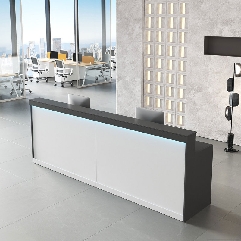 Modern Ergonomic Reception Desk With LED Lighting And Lockable Storage, Gray/White, 39.3'' H X 86.61'' W X 23.62'' D