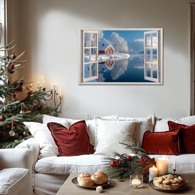 Grande toile d'hiver, vue sur la fenêtre, paysage de forêt enneigée, reflet d'une cabane rouge