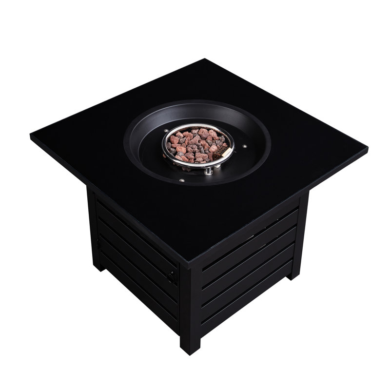 50,000 Auto - Ignition Fire Pit Table, 32 Inch Square, Propane Gas, , Textured Tabletop, Good For Outdoor Socializing Square Table With Waterproof Cover, Metal And Tile , Great Backyard Entertaining