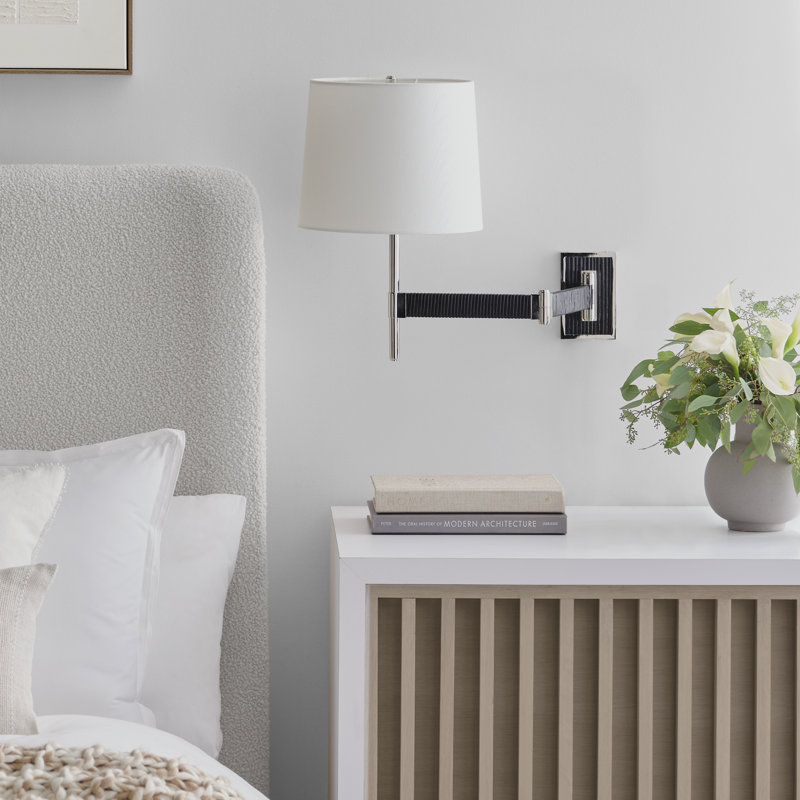 Suzanne Kasler Elle Swing Arm Sconce, Polished Nickel/Black Rattan