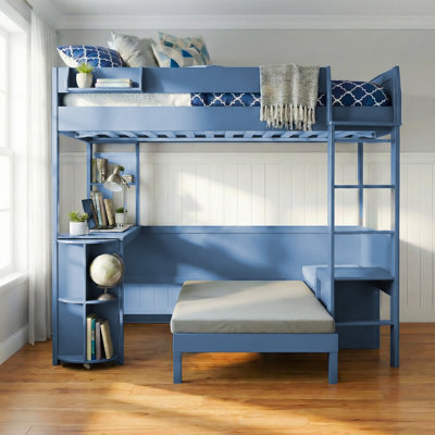 Lit mezzanine double en bois avec bureau, tablette de rangement, canapé et lumière intégrée, bleu marine