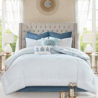 Blue King Cotton Reversible Comforter - 8 Piece, Printed Floral With Medallion , , Includes Euro Shams & Decorative Pillows Print Filling, Matching