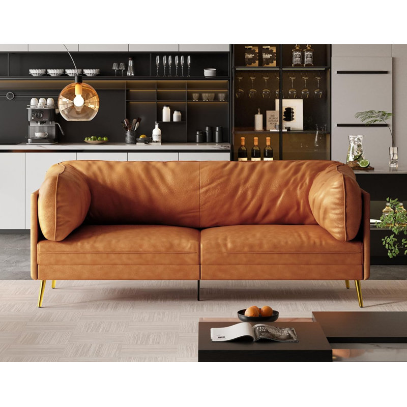 Canapé Mid-Century moderne en similicuir de 73 po avec accoudoirs très profonds et confort