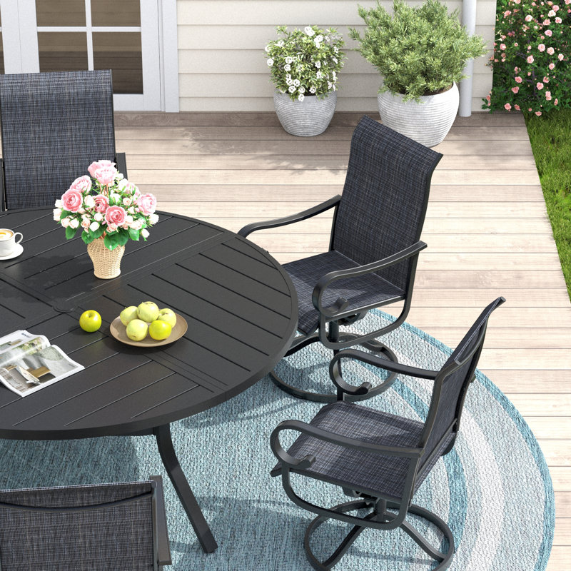 6-Person Round Patio Dining Set With 360° Swivel Textilene Rocking Chairs, Black/Black/Black