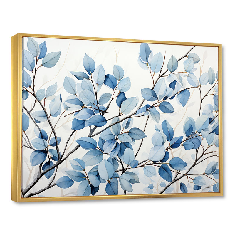 «Blue and Gray Leaves», art mural encadré feuilles, 24" H x 32" W, Cadre flottant doré