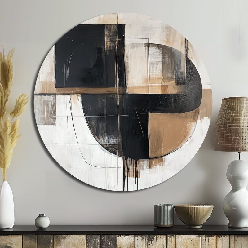 Compositions minimalistes et géométriques dans des tons de nature - art mural rond en métal abstrait Mid-Century