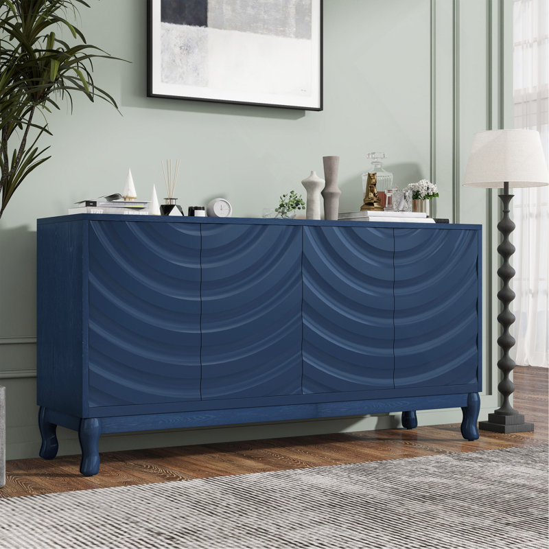 Buffet élégant doté de portes à motif ondulé sophistiquées avec un design à rainures arquées dans une disposition élégante à quatre portes, réglable, adapté pour le bureau, le vestibule et le salon (bleu marine)