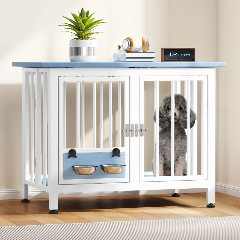  Caisse en métal pliable pour chien avec bols, Bleu, Moyen (H 24 po x l 33 po x P 20 po)