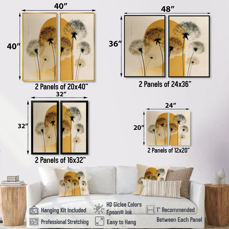 «Spring Spring Dandelion Sunset - Pissenlit, impressions sur toile, art floral sur toile noir 2 pièces, H 40 po x l 40 po