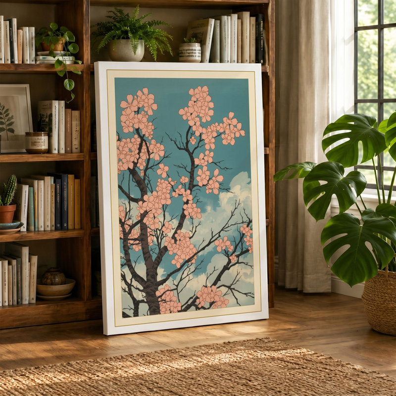 Moonlit Cherry Blossom Japandi 1 Piece Wrapped Canvas Wall Art, 30x20 - 76.2 x 50.8 cm, White Border