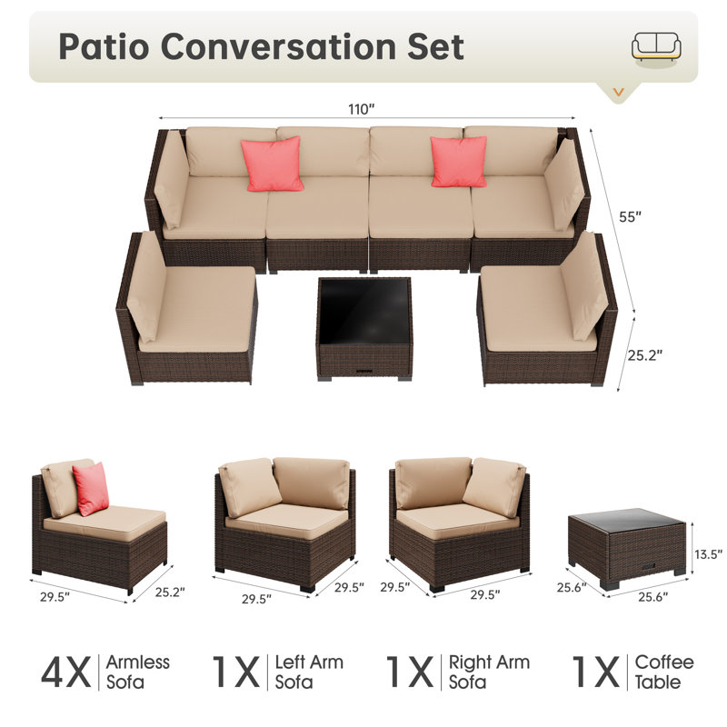 Ensemble de conversation de patio 7 pièces - Canapé modulaire d'extérieur en rotin PE avec coussins et table basse en verre