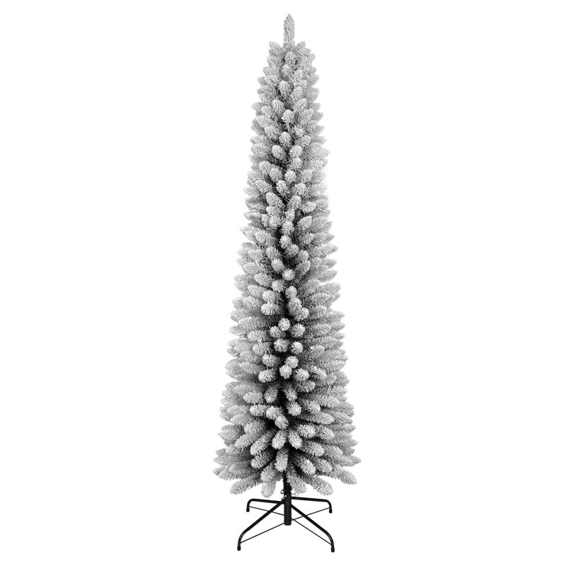Arbre de Noël floqué à crayon mince en PVC avec support en métal robuste, 6'