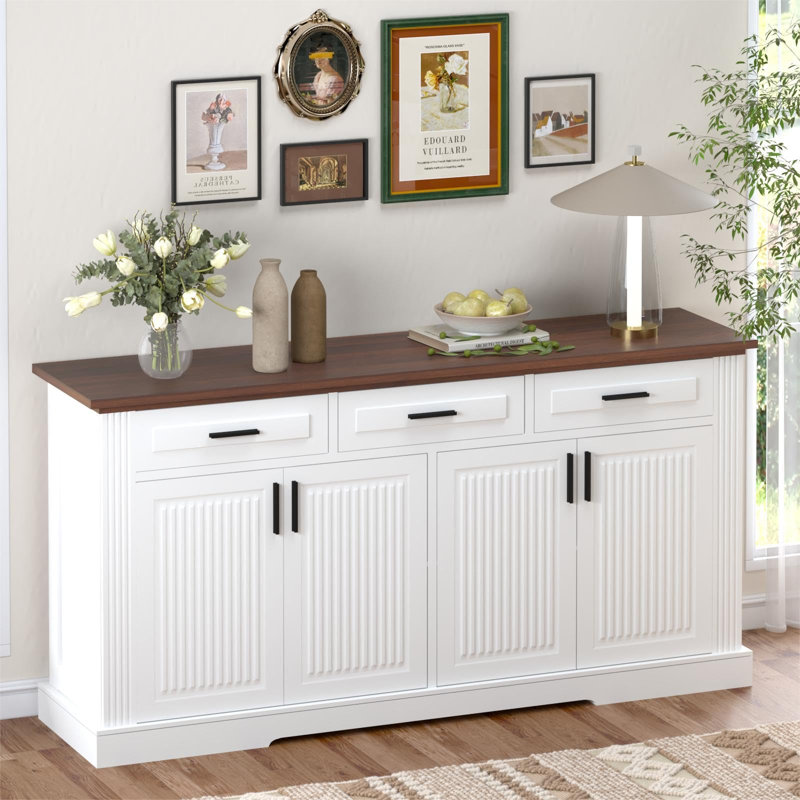Buffet à buffet 63 "à 3 tiroirs, station de café avec 4 portes et tablettes réglables, console de rangement pour la salle à manger