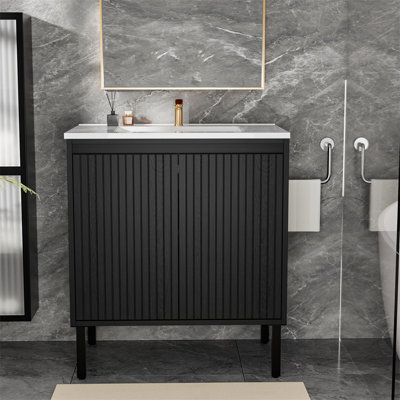 Meuble-lavabo sur pied moderne en chêne de 30 pouces avec tiroirs à fermeture en douceur et lavabo en céramique blanche pour les salles de bain modernes et compactes