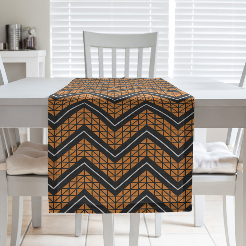 Stephenie Classic Hand Drawn Chevron Table Runner, 16" x 90", Orange/Black