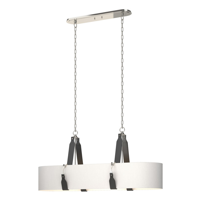 Saratoga 4 - Light Kitchen Island Linear Pendant, Natural Anna Shade, Polished Nickel, Black Leather