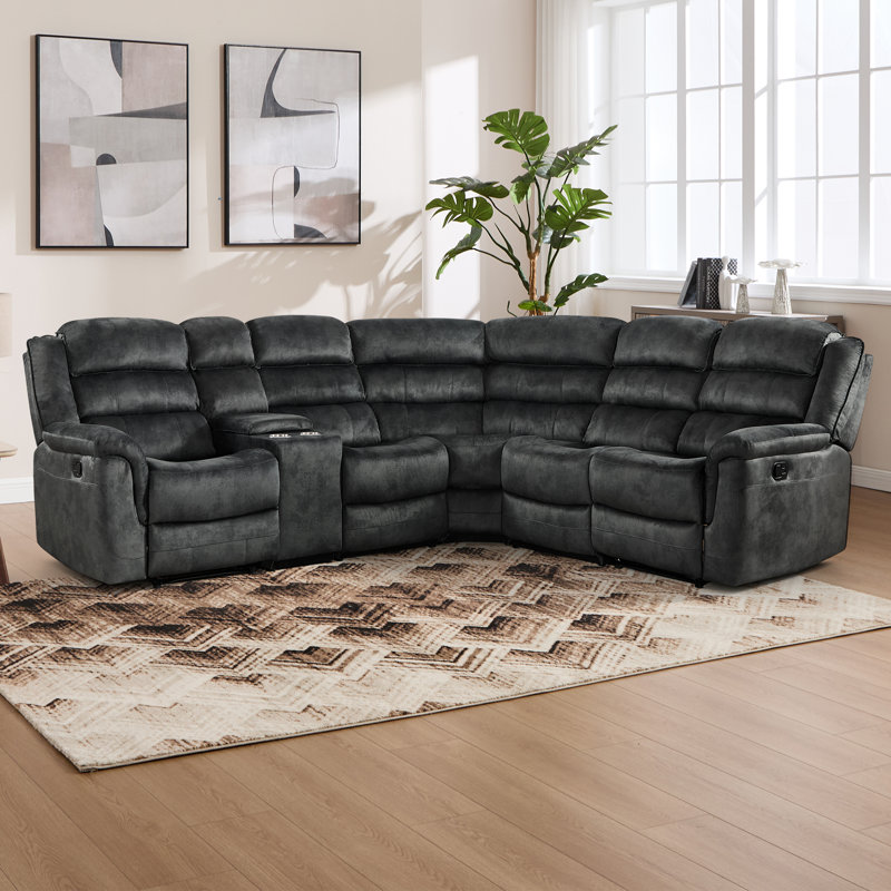 Canapé d'angle inclinable manuel avec console de rangement et deux porte-gobelets de salon, Microfibre/microsuède gris
