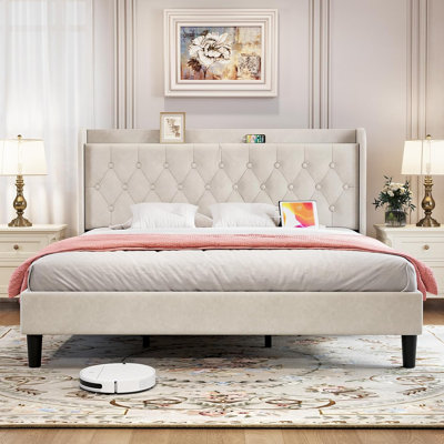 Tufted Velvet Upholstered Platform Bed with Charging Station & Storage Shelf (Beige, King Size)