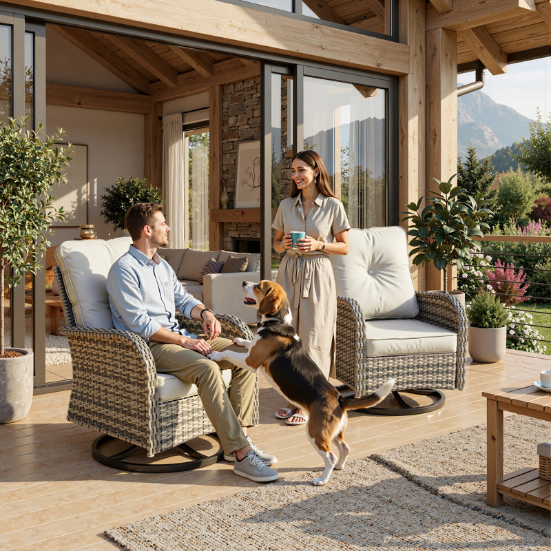 All-Weather Rattan Rocking Swivel Patio Chairs With Cushions, Beige