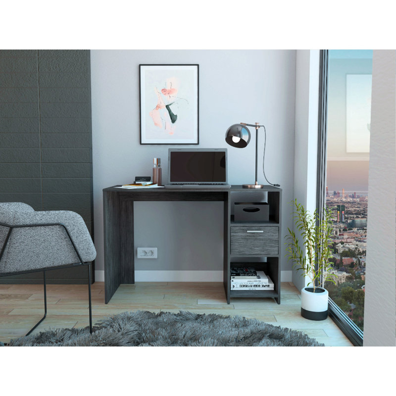 Bureau d'ordinateur avec 1 tiroir et 2 tablettes de rangement ouvertes, Gris