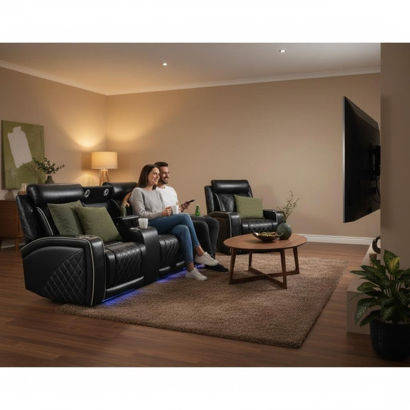 Ensemble de canapé de salon inclinable électrique en cuir noir 3 pièces avec lumières DEL, chargement sans fil, ports USB, rangement et porte-gobelets - Siège de cinéma maison de luxe