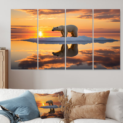 Ours polaire sur l'iceberg, coucher de soleil rose - ensemble d'œuvres d'art animalier 4 pièces