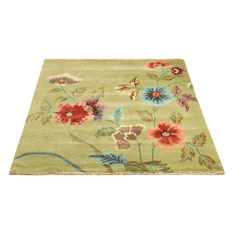 Rug & Kilim’S Chinese Art Deco Square Rug In Green With Colorful Floral Patterns, Rectangle 12' x 18'