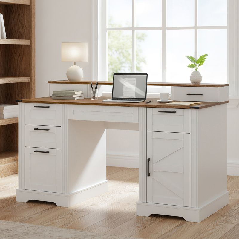 Bureau autoportant avec support pour écran, Brun / Blanc