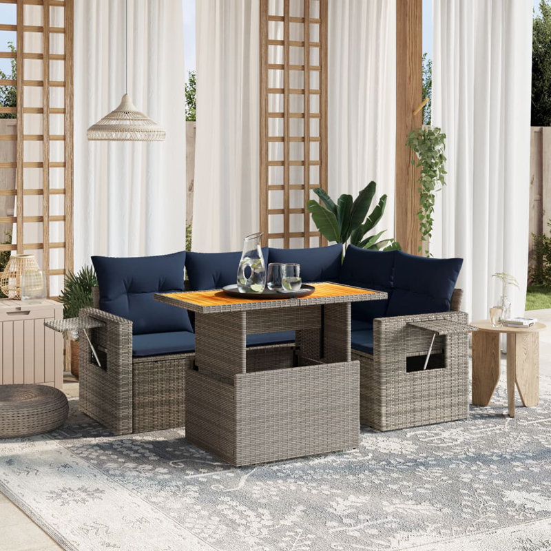  Ensemble de canapé de patio 5 pièces avec coussins en rotin de polyester, Gris, Bleu