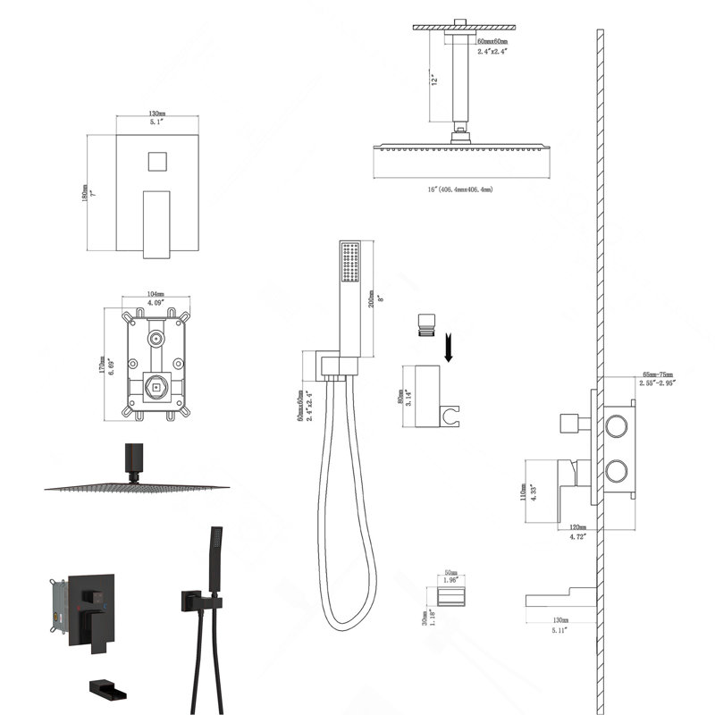 Shower System with Waterfall Tub Spout,16 Inch Ceiling Mount Square Shower System with Rough-in Valve, Oil Rubber Bronze