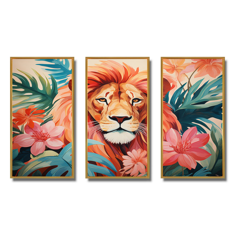 Décoration murale lion rose et vert en forêt II - Lion, Cadre flottant doré, H 32 po x l 48 po