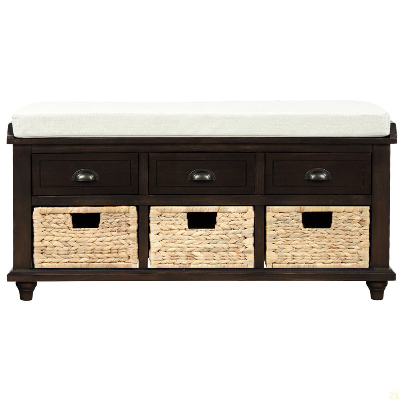 Rustic Storage Bench With 3 Drawers And 3 Rattan Baskets, Shoe Bench For Living Room, Entryway, Espresso